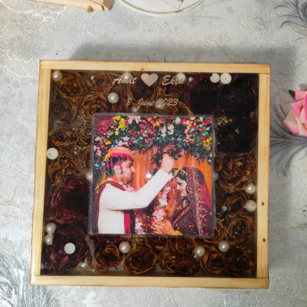 Square Wedding Varmala Preservation Resin Photo Frame (8 Inch) | Wedding Details Preserved Box | Personalized Wedding Memories Keepsake
