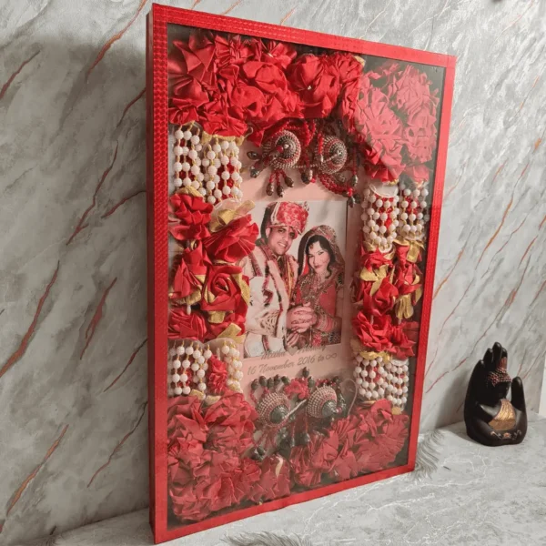 Personalized Anniversary Flower Preservation Couple Photo Frame | Red Roses Preserved Frame | Spiritual & Sacred Mala Preservation | Inbuilt Hooks for Wall Hanging (16×24 inch)