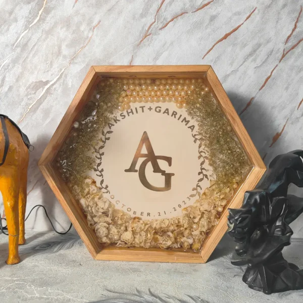Flower Preservation in Resin Hexagonal LED Light Frame | Artistic Yellow Flower Preserved LED Lamp with Customizable Couple Names & Date Preservation (12 Inch)